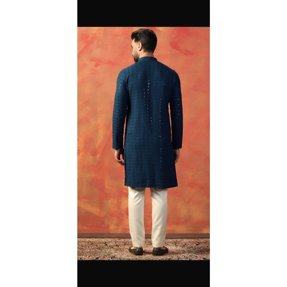 New Men’s Indian Kurta Pajama Set Navy Blue Embroidered Wedding Size 4XL